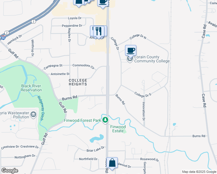 map of restaurants, bars, coffee shops, grocery stores, and more near 1005 Abbe Road North in Elyria