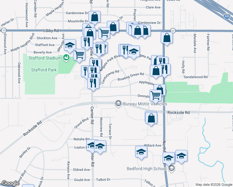 map of restaurants, bars, coffee shops, grocery stores, and more near 20651 Donnybrook Road in Maple Heights