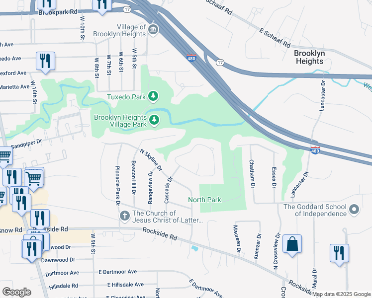 map of restaurants, bars, coffee shops, grocery stores, and more near 1478 North Circle View Drive in Seven Hills