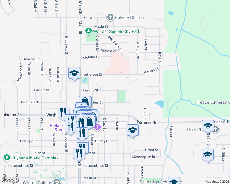 map of restaurants, bars, coffee shops, grocery stores, and more near 1015 East 3rd Street in Pella