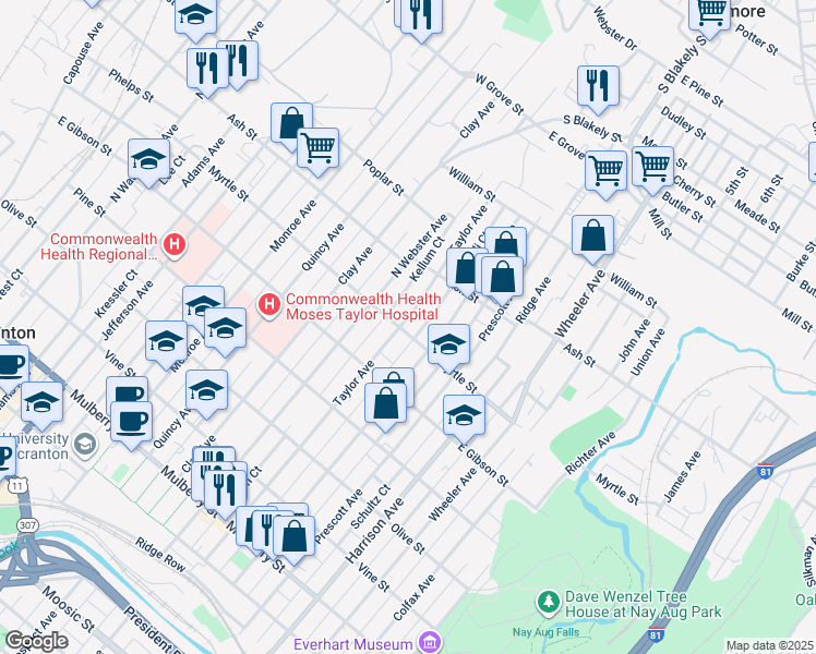 map of restaurants, bars, coffee shops, grocery stores, and more near 900 Taylor Avenue in Scranton