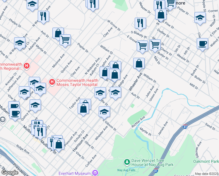 map of restaurants, bars, coffee shops, grocery stores, and more near 953 Prescott Avenue in Scranton