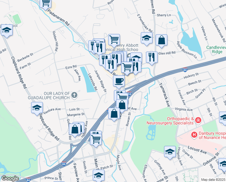 map of restaurants, bars, coffee shops, grocery stores, and more near 20 Padanaram Ave in Danbury