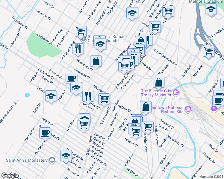 map of restaurants, bars, coffee shops, grocery stores, and more near 212 South Main Avenue in Scranton