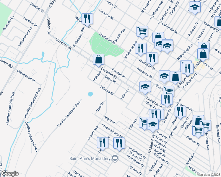 map of restaurants, bars, coffee shops, grocery stores, and more near 428 15th Avenue in Scranton