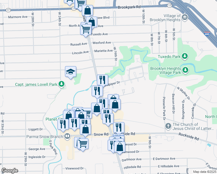 map of restaurants, bars, coffee shops, grocery stores, and more near 5552 Sandpiper Drive in Parma