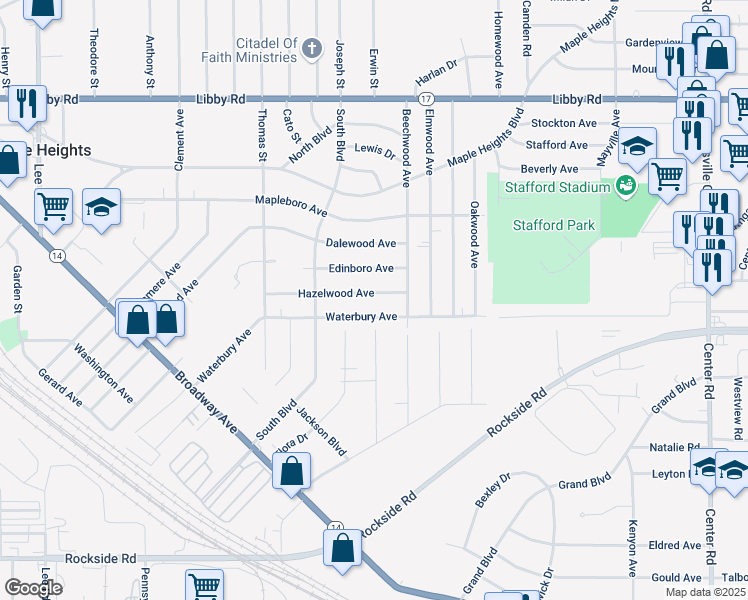 map of restaurants, bars, coffee shops, grocery stores, and more near 18304 Hazelwood Avenue in Maple Heights