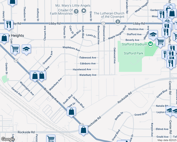 map of restaurants, bars, coffee shops, grocery stores, and more near 18304 Hazelwood Ave in Maple Heights