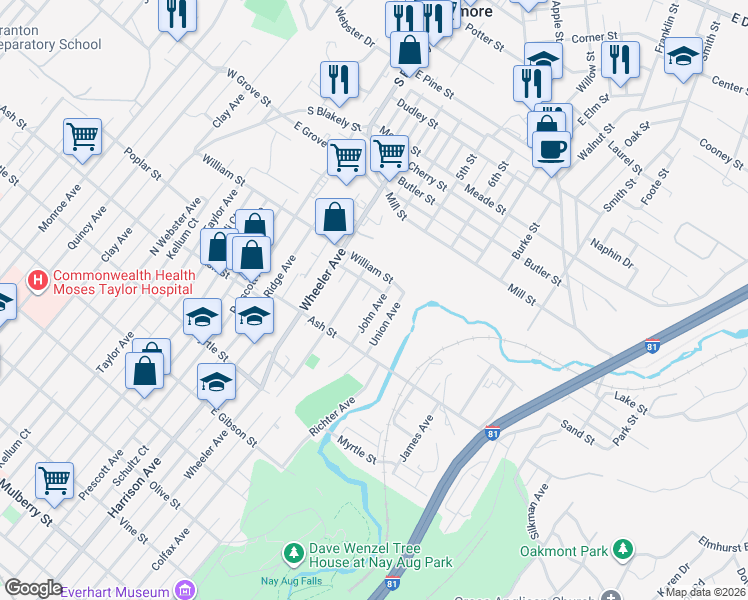map of restaurants, bars, coffee shops, grocery stores, and more near 1105 John Avenue in Dunmore