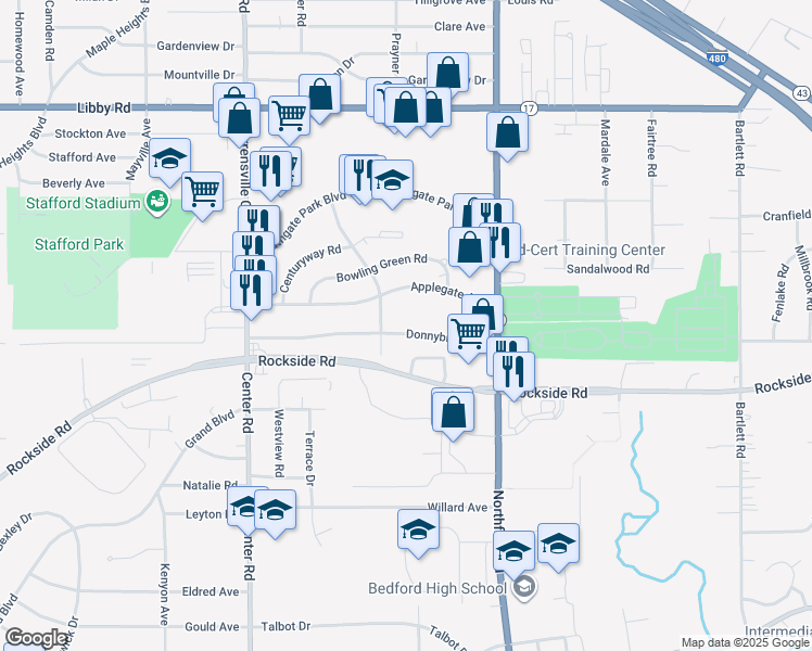 map of restaurants, bars, coffee shops, grocery stores, and more near 20711 Donnybrook Road in Maple Heights