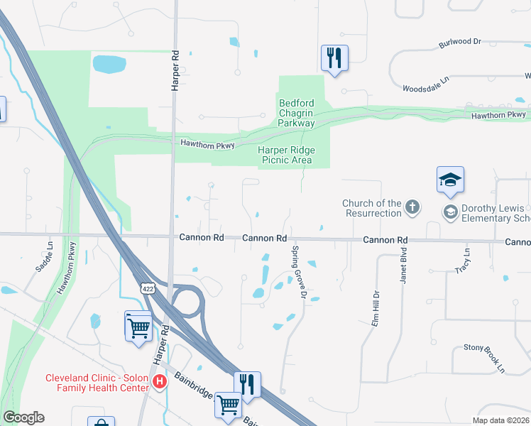 map of restaurants, bars, coffee shops, grocery stores, and more near 5495 Stone Creek Drive in Solon