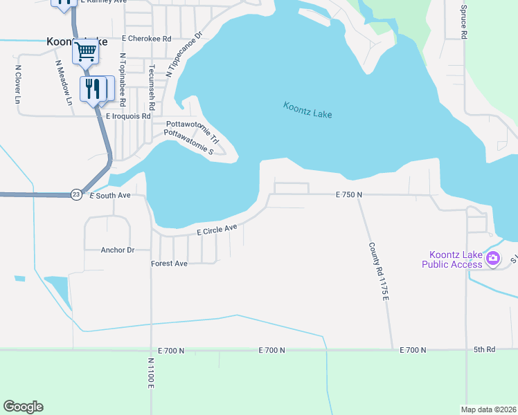 map of restaurants, bars, coffee shops, grocery stores, and more near 11366 East Circle Avenue in Walkerton