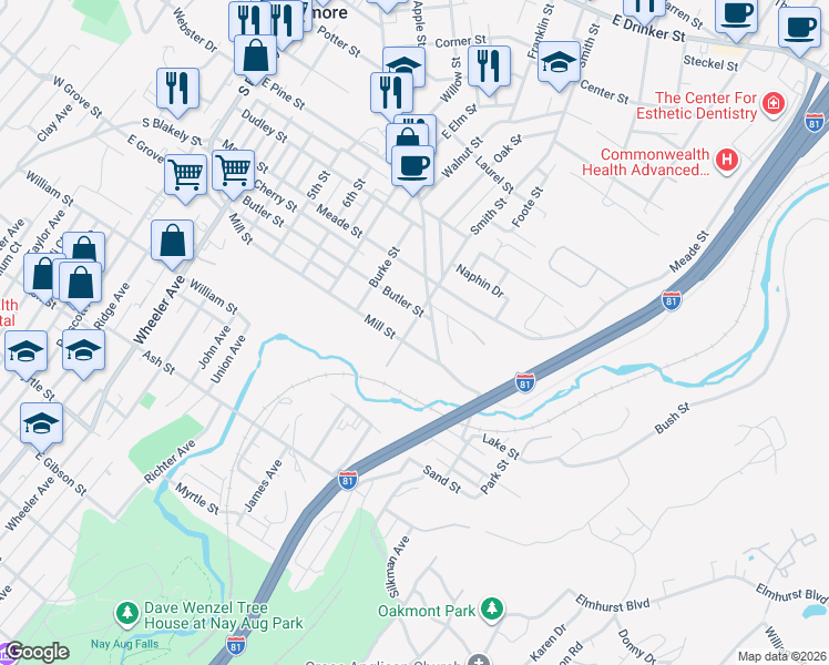 map of restaurants, bars, coffee shops, grocery stores, and more near 713 Smith St in Dunmore