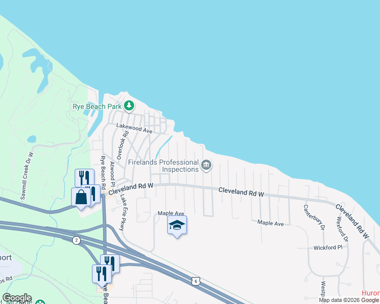 map of restaurants, bars, coffee shops, grocery stores, and more near 23 Marion Ave in Huron