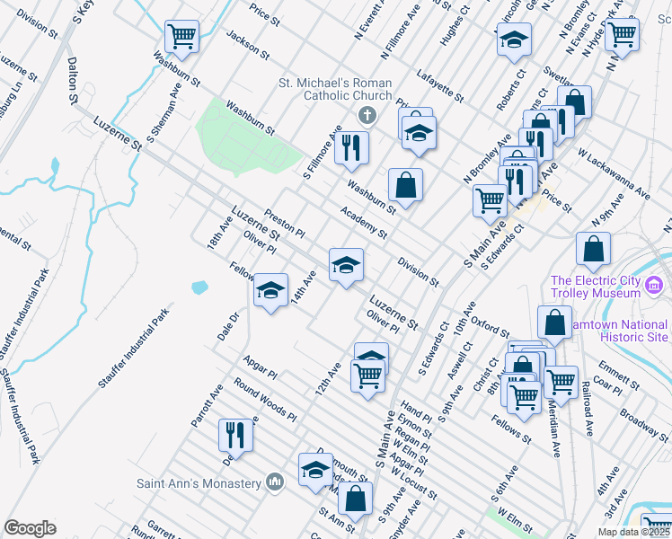 map of restaurants, bars, coffee shops, grocery stores, and more near 1312 Luzerne Street in Scranton