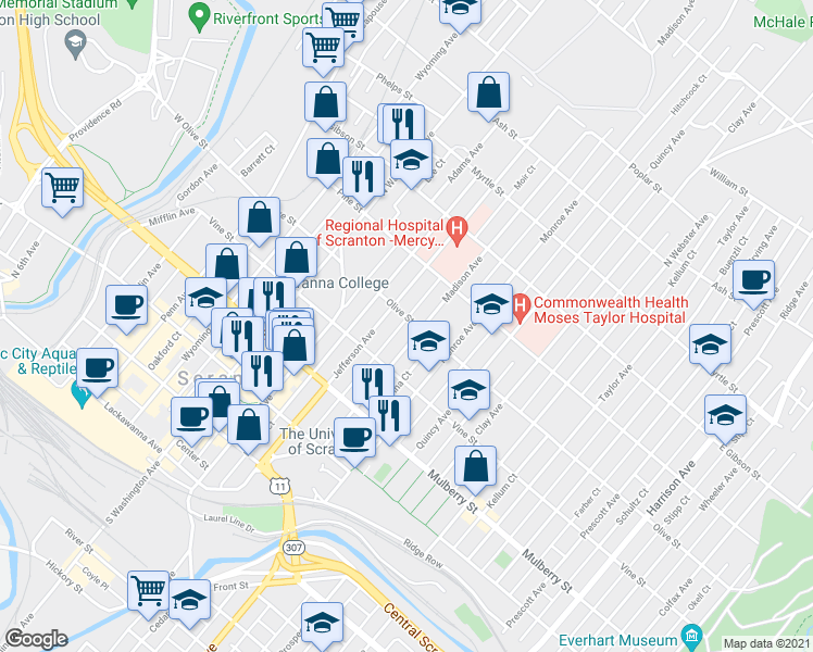 map of restaurants, bars, coffee shops, grocery stores, and more near 720 Olive St in Scranton