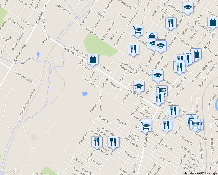 map of restaurants, bars, coffee shops, grocery stores, and more near 428 15th Ave in Scranton