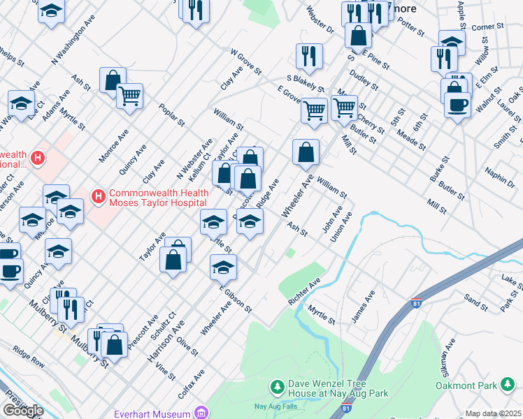 map of restaurants, bars, coffee shops, grocery stores, and more near 1606 Ash St in Scranton