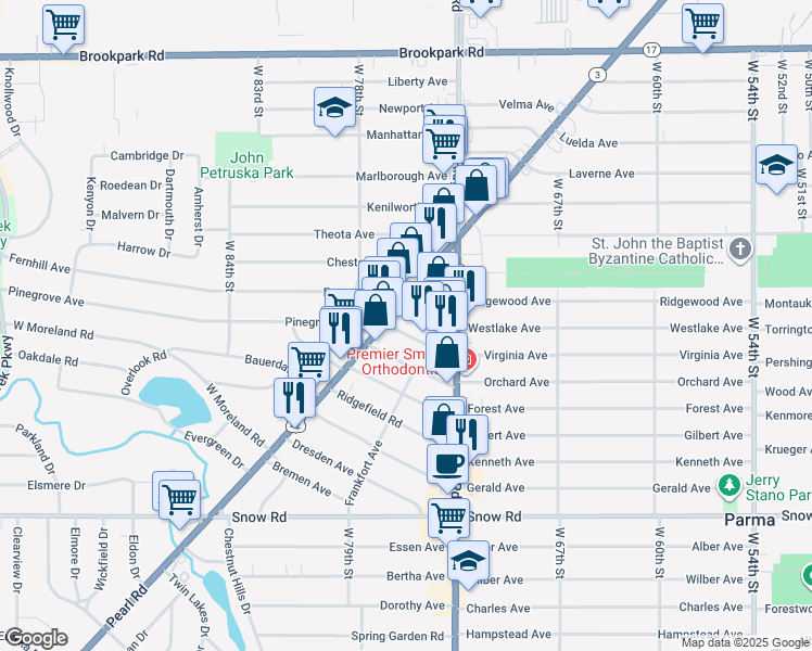 map of restaurants, bars, coffee shops, grocery stores, and more near 7518 Virginia Ave in Parma