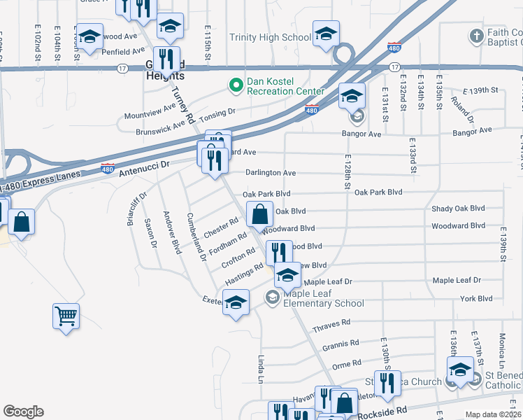 map of restaurants, bars, coffee shops, grocery stores, and more near 12015 Shady Oak Boulevard in Garfield Heights
