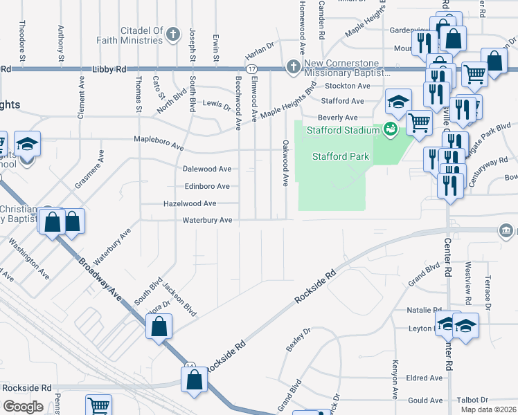 map of restaurants, bars, coffee shops, grocery stores, and more near 5555 Elmwood Avenue in Maple Heights