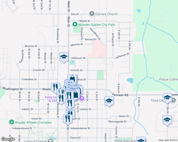 map of restaurants, bars, coffee shops, grocery stores, and more near 1014 East 2nd Street in Pella