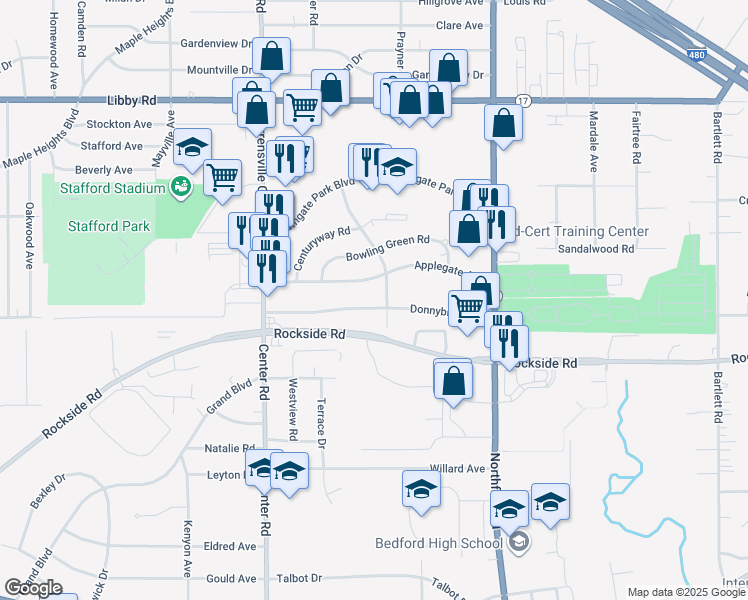 map of restaurants, bars, coffee shops, grocery stores, and more near 20679 Donnybrook Road in Maple Heights