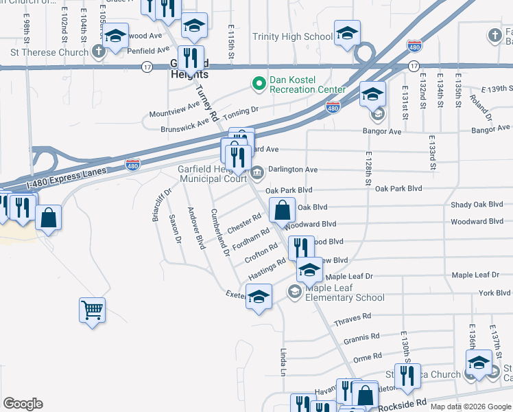 map of restaurants, bars, coffee shops, grocery stores, and more near 5584 Turney Road in Garfield Heights