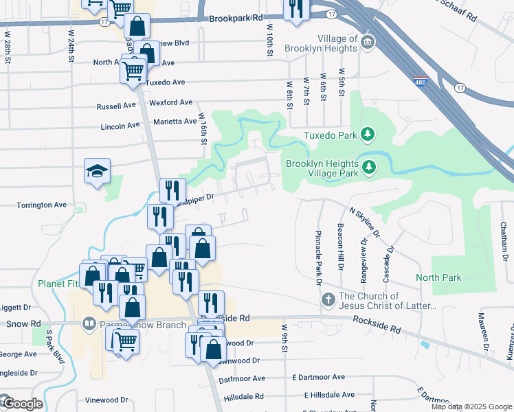 map of restaurants, bars, coffee shops, grocery stores, and more near 100 Omalley Drive in Parma
