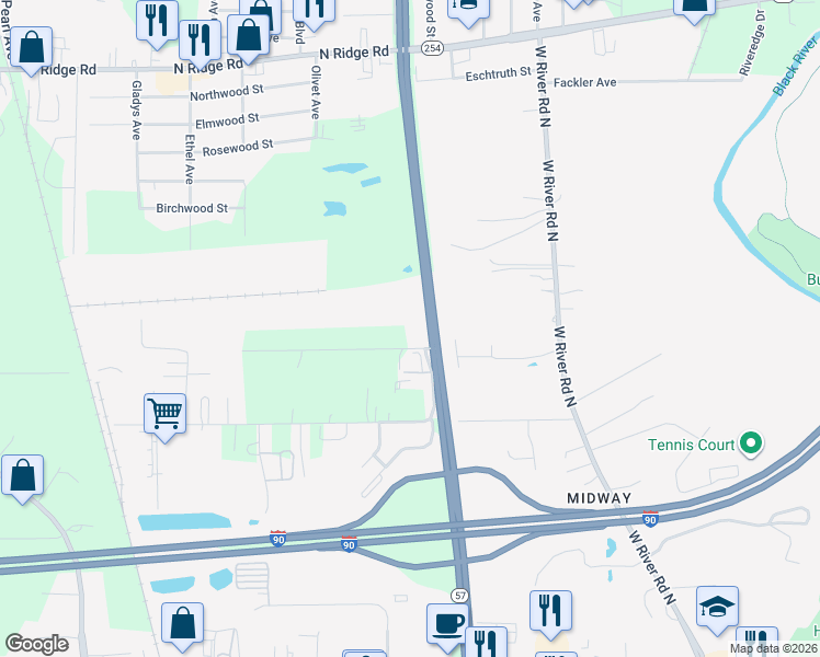 map of restaurants, bars, coffee shops, grocery stores, and more near 41186 Beechwood Drive in Elyria