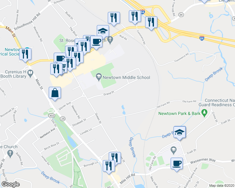 map of restaurants, bars, coffee shops, grocery stores, and more near 12 Grand Place in Newtown