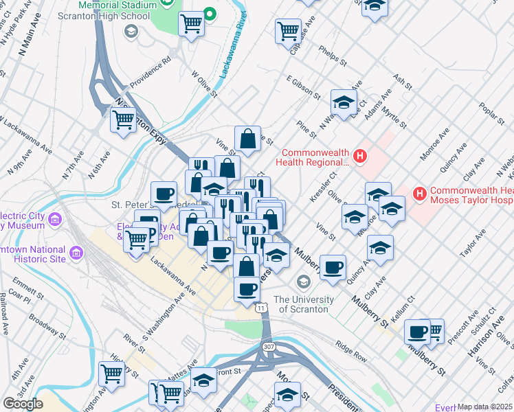 map of restaurants, bars, coffee shops, grocery stores, and more near 416 North Washington Avenue in Scranton