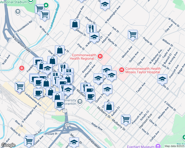 map of restaurants, bars, coffee shops, grocery stores, and more near 720 Olive Street in Scranton