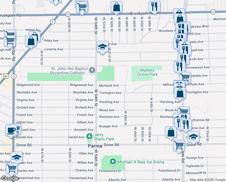 map of restaurants, bars, coffee shops, grocery stores, and more near 4916 Torrington Avenue in Parma