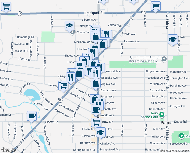 map of restaurants, bars, coffee shops, grocery stores, and more near 5550 Ridge Road in Parma