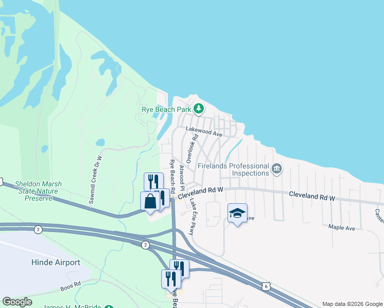 map of restaurants, bars, coffee shops, grocery stores, and more near 126 Overlook Road in Huron