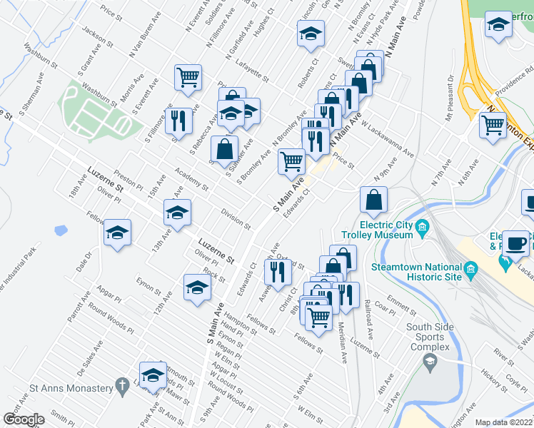 map of restaurants, bars, coffee shops, grocery stores, and more near 212 South Main Avenue in Scranton