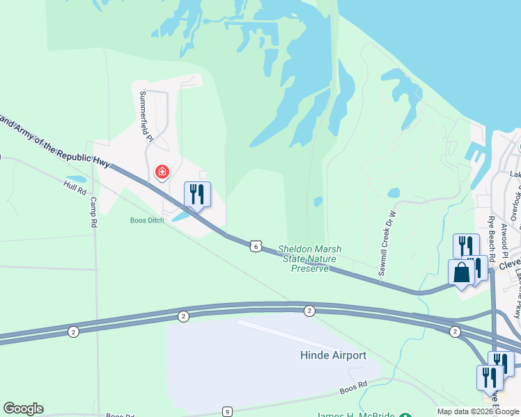 map of restaurants, bars, coffee shops, grocery stores, and more near 2914 Cleveland Road West in Huron