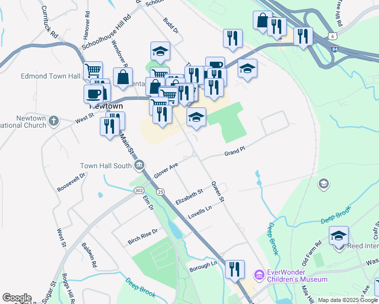 map of restaurants, bars, coffee shops, grocery stores, and more near 19 Glover Avenue in Newtown