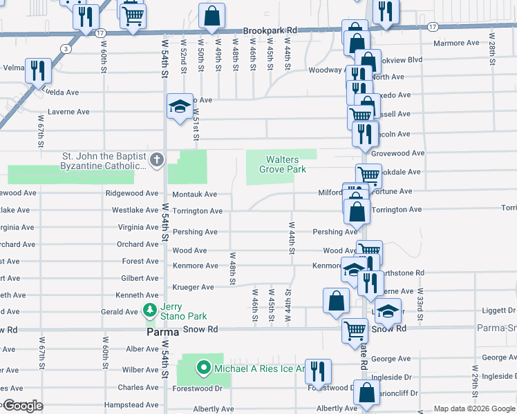 map of restaurants, bars, coffee shops, grocery stores, and more near 4526 Torrington Avenue in Parma