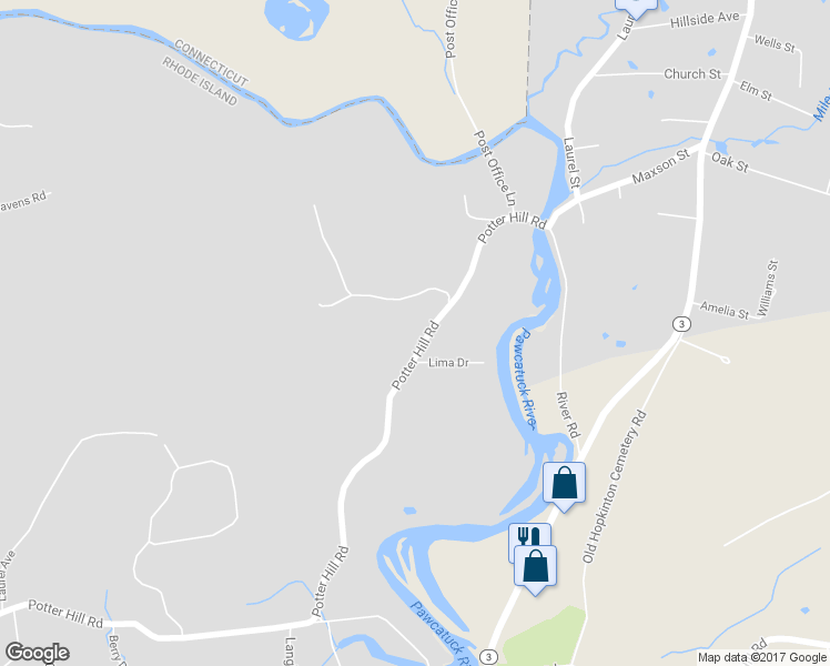 map of restaurants, bars, coffee shops, grocery stores, and more near 144 Potter Hill Road in Westerly