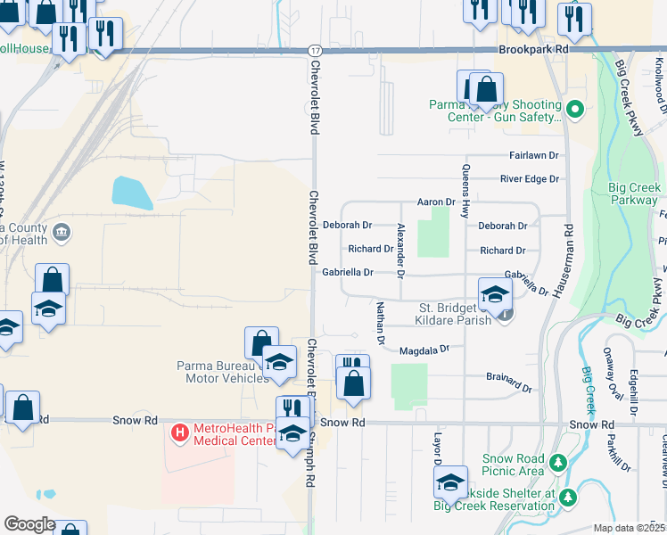 map of restaurants, bars, coffee shops, grocery stores, and more near 5544 Abraham Avenue in Parma