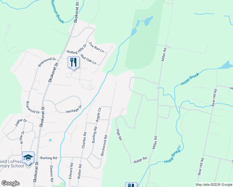 map of restaurants, bars, coffee shops, grocery stores, and more near 72 Birchwood Road in Seymour