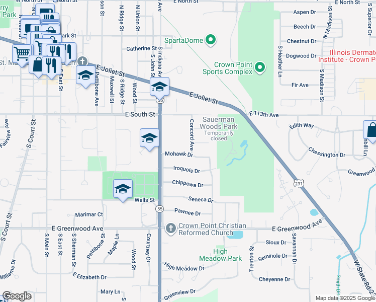 map of restaurants, bars, coffee shops, grocery stores, and more near 467 Concord Avenue in Crown Point