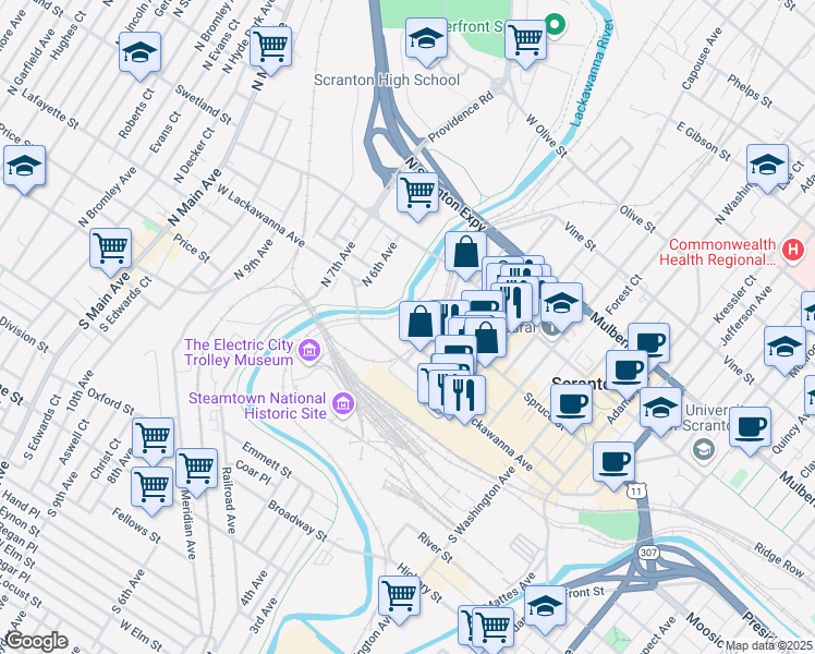 map of restaurants, bars, coffee shops, grocery stores, and more near 100 Lackawanna Avenue in Scranton