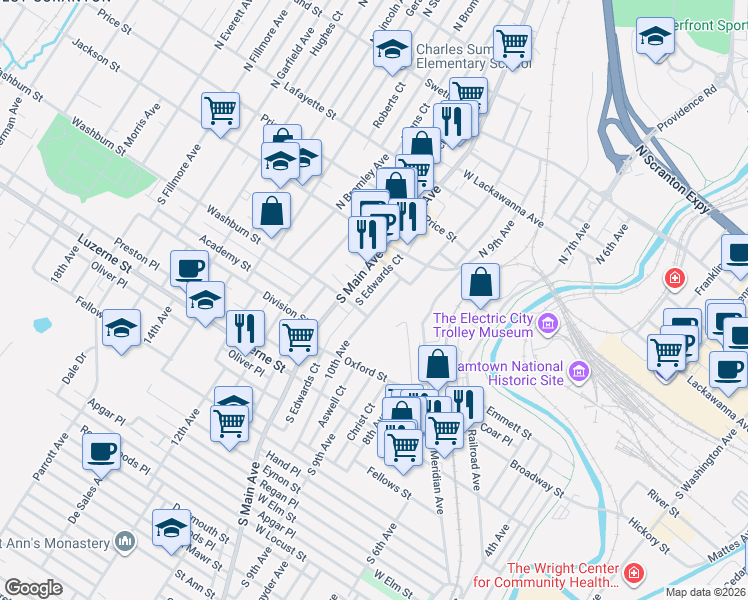 map of restaurants, bars, coffee shops, grocery stores, and more near 138 10th Avenue in Scranton