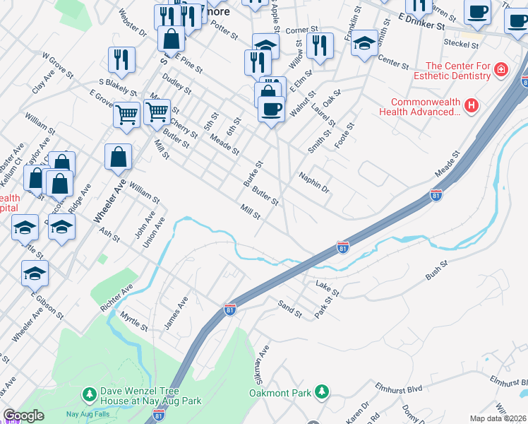 map of restaurants, bars, coffee shops, grocery stores, and more near 713 Smith St in Dunmore