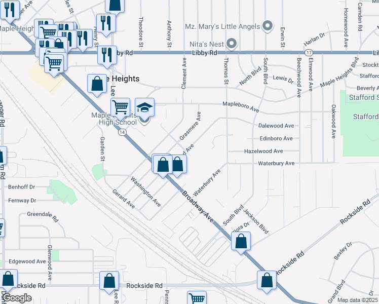 map of restaurants, bars, coffee shops, grocery stores, and more near 5547 Dalewood Avenue in Maple Heights