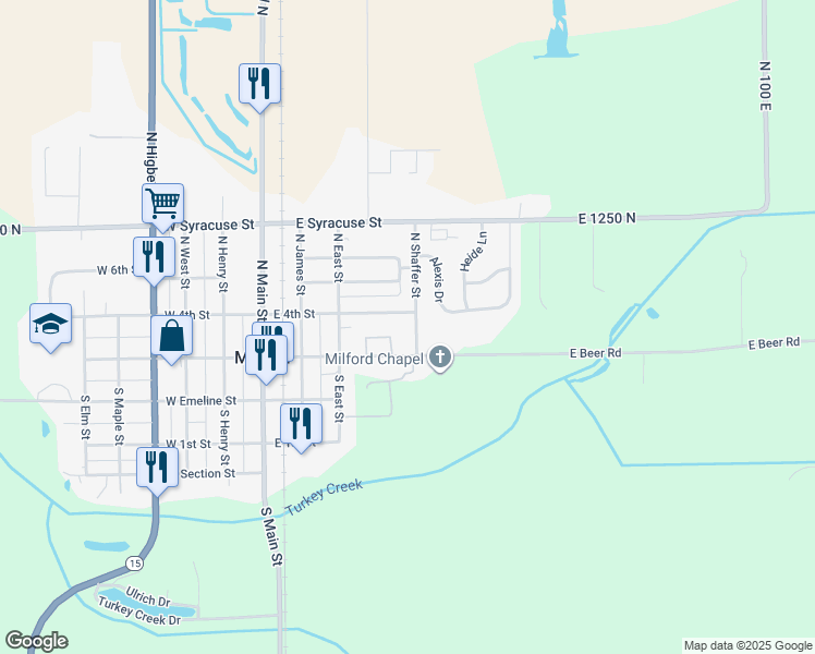 map of restaurants, bars, coffee shops, grocery stores, and more near 111 North Shaffer Street in Milford