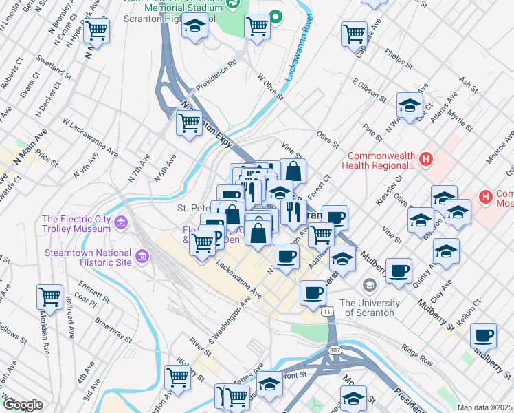 map of restaurants, bars, coffee shops, grocery stores, and more near 303 Linden Street in Scranton